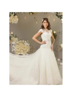 Abito da Sposa Economico Accollato in pizzo Mezza Sirena Fasciato sui fianchi