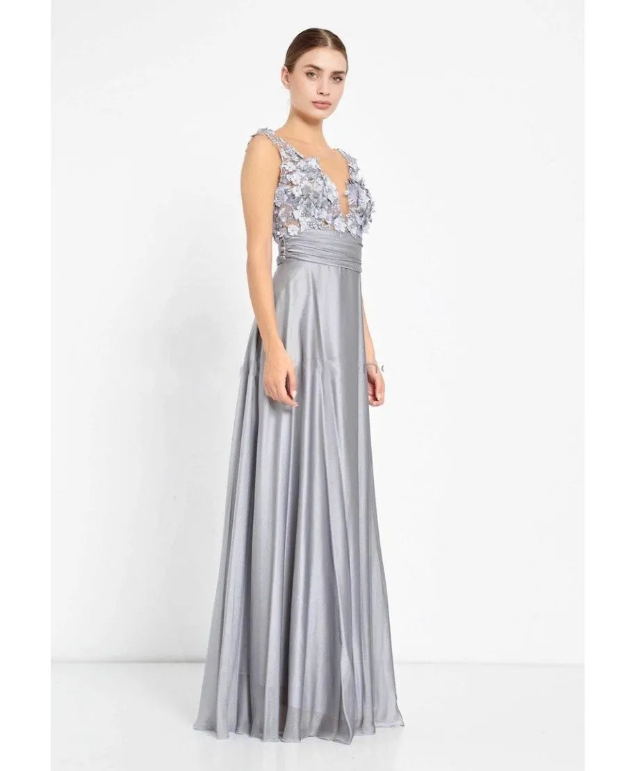 Abito lungo elegante - corpetto decorato - Argento