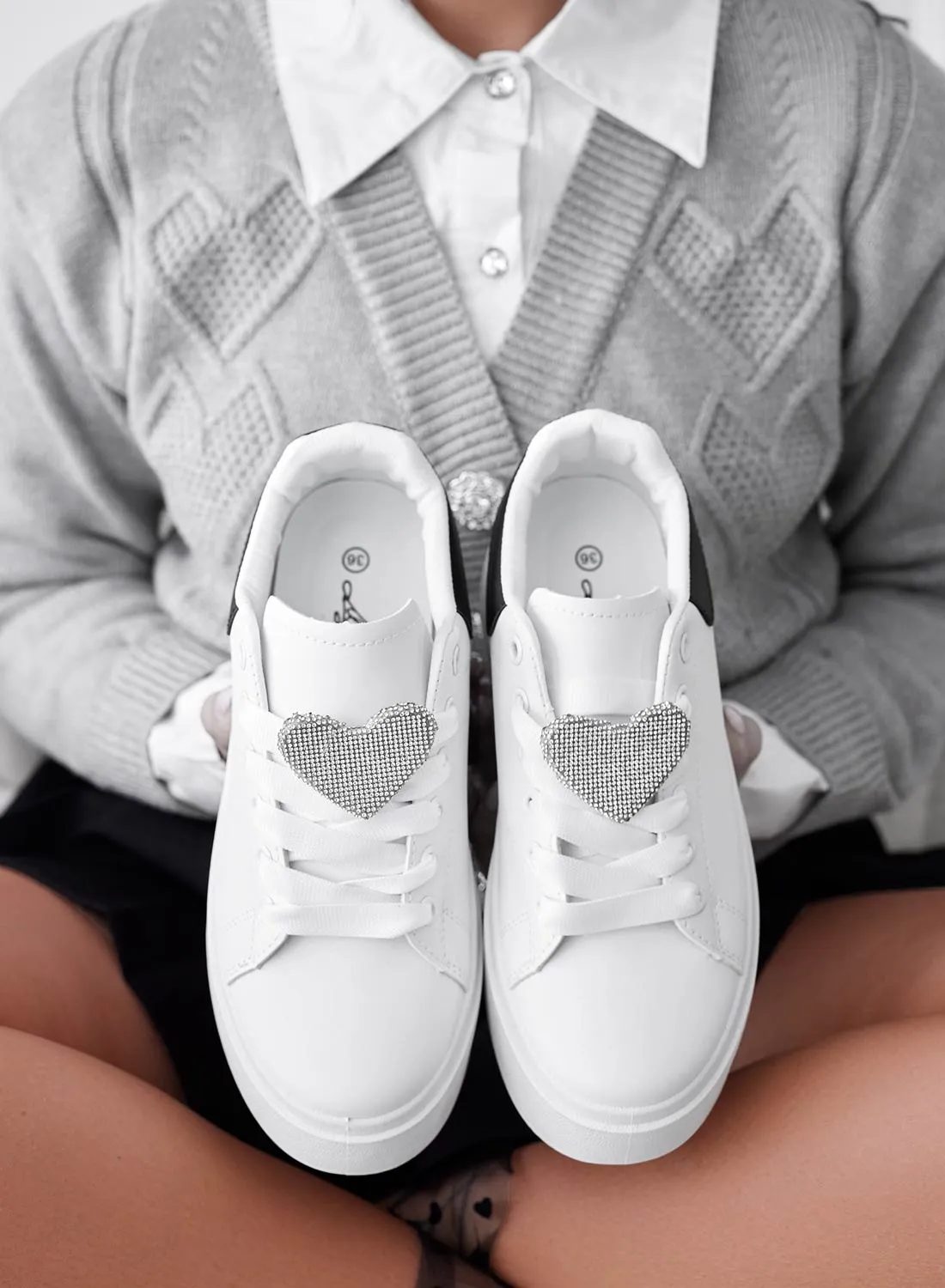 BELINDA - Sneakers bianche con cuore in strass argento