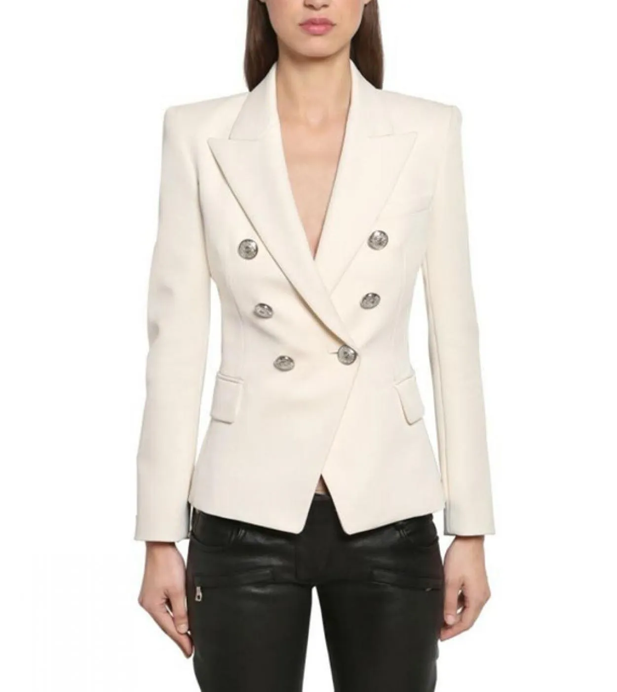 Blazer da donna in tessuto spesso doppiopetto con bottoni argentati Slim bianco nero blu cachi giacca da donna da ufficio da don