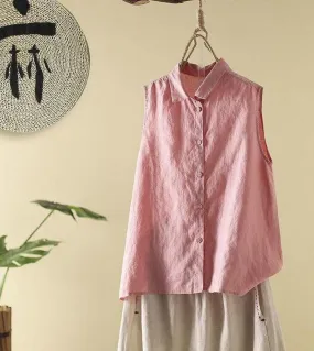 Canotte in lino senza maniche con collo rovesciato da donna stile estivo Canotte monopetto casual abbinate Top rosa di alta qual