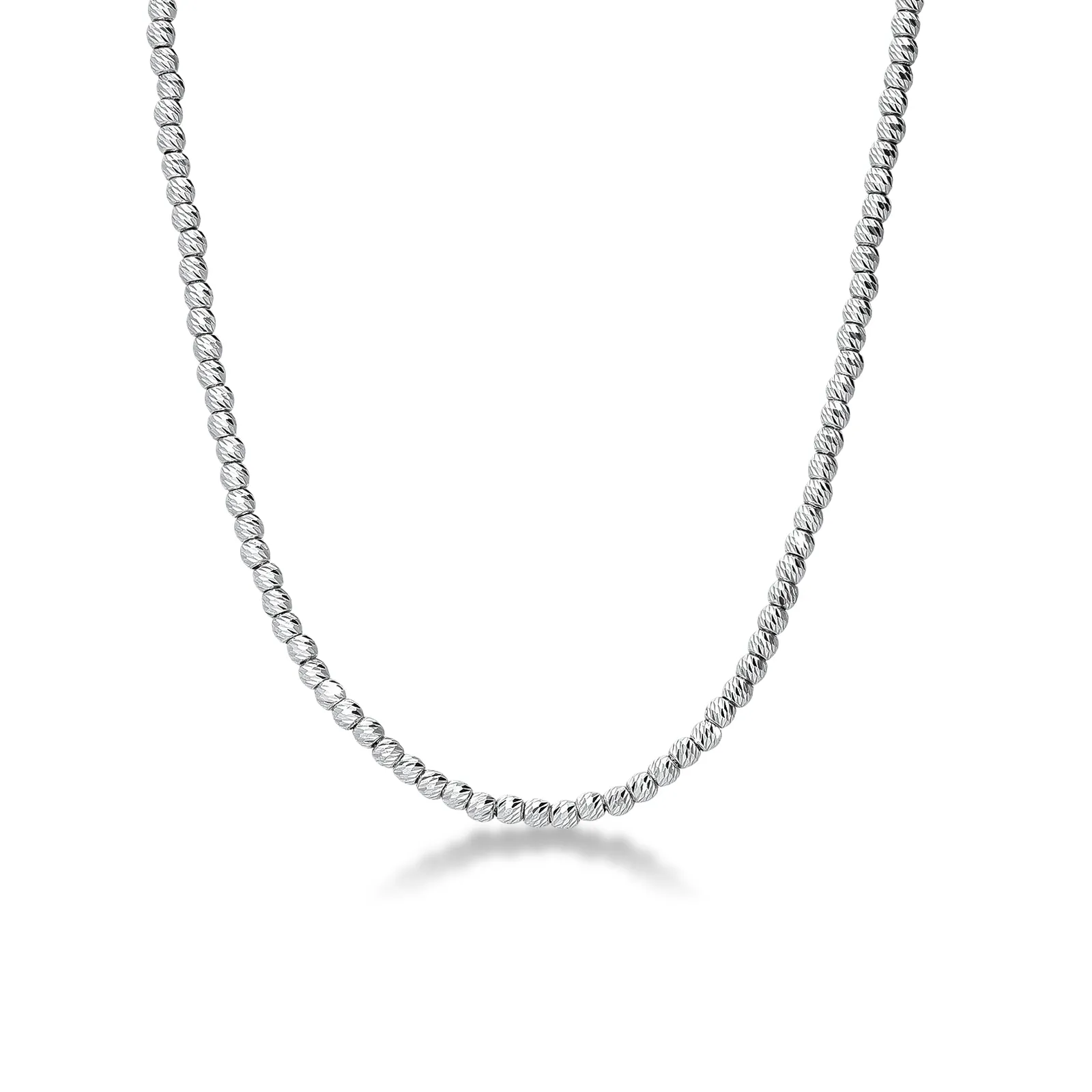 Collana con palline diamantate in oro bianco 18k, cm 50.