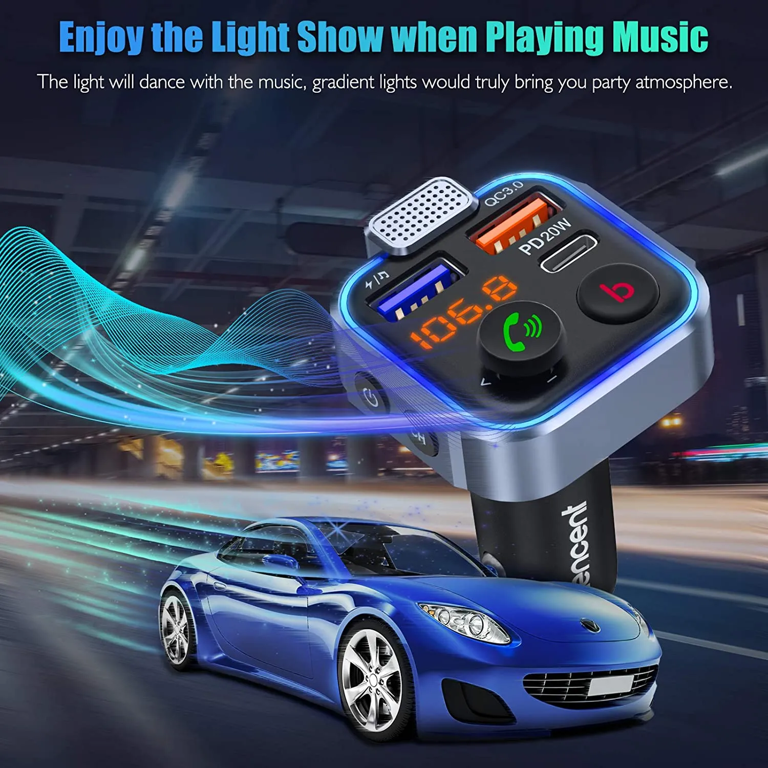 LENCENT Trasmettitore Bluetooth 5.0 per Auto, Musica Bluetooth Auto con Bassi Profondi e Suono Hi-Fi lossless, Ricarica Rapida T