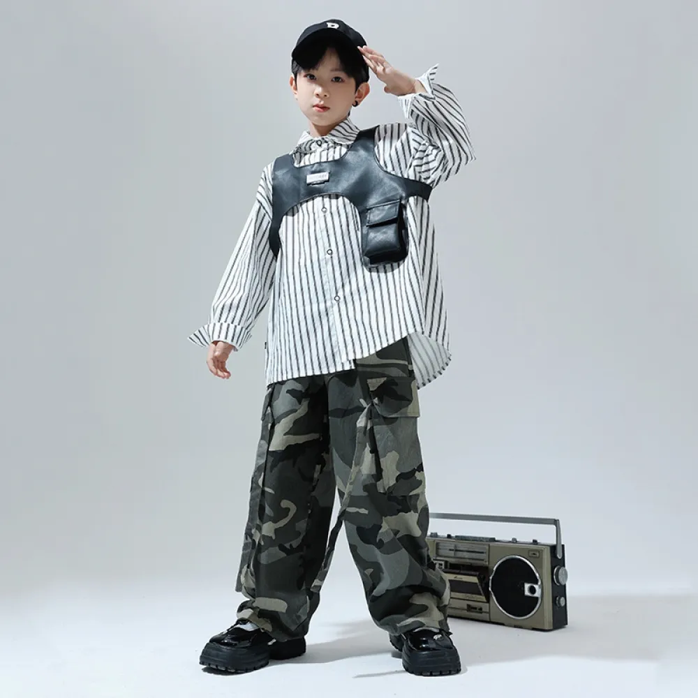 Street Dance Abbigliamento alla moda per bambini Gilet Camicia a righe Ragazzi Abito retrò hip-hop Abbigliamento performance hip