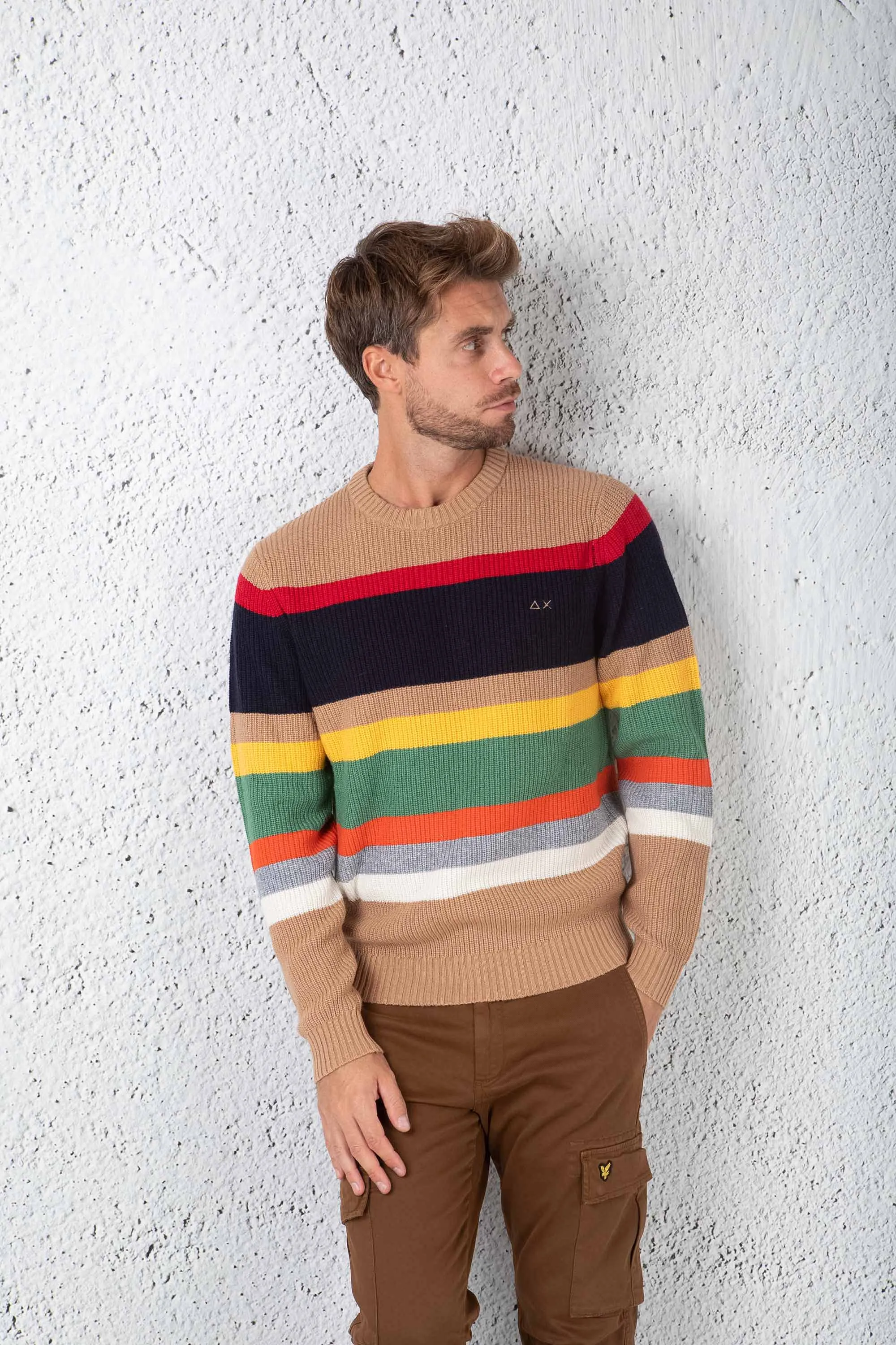 Sun 68 Pull Girocollo Riga Beige Uomo