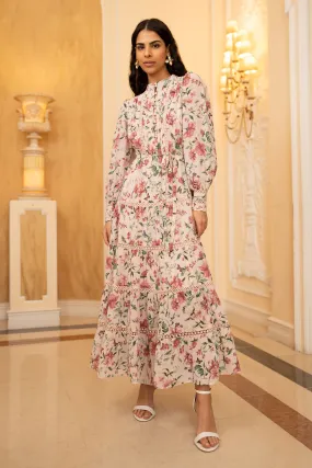 Yumi - Abito maxi Manica lunga accollato a balze con Pizzo bordi